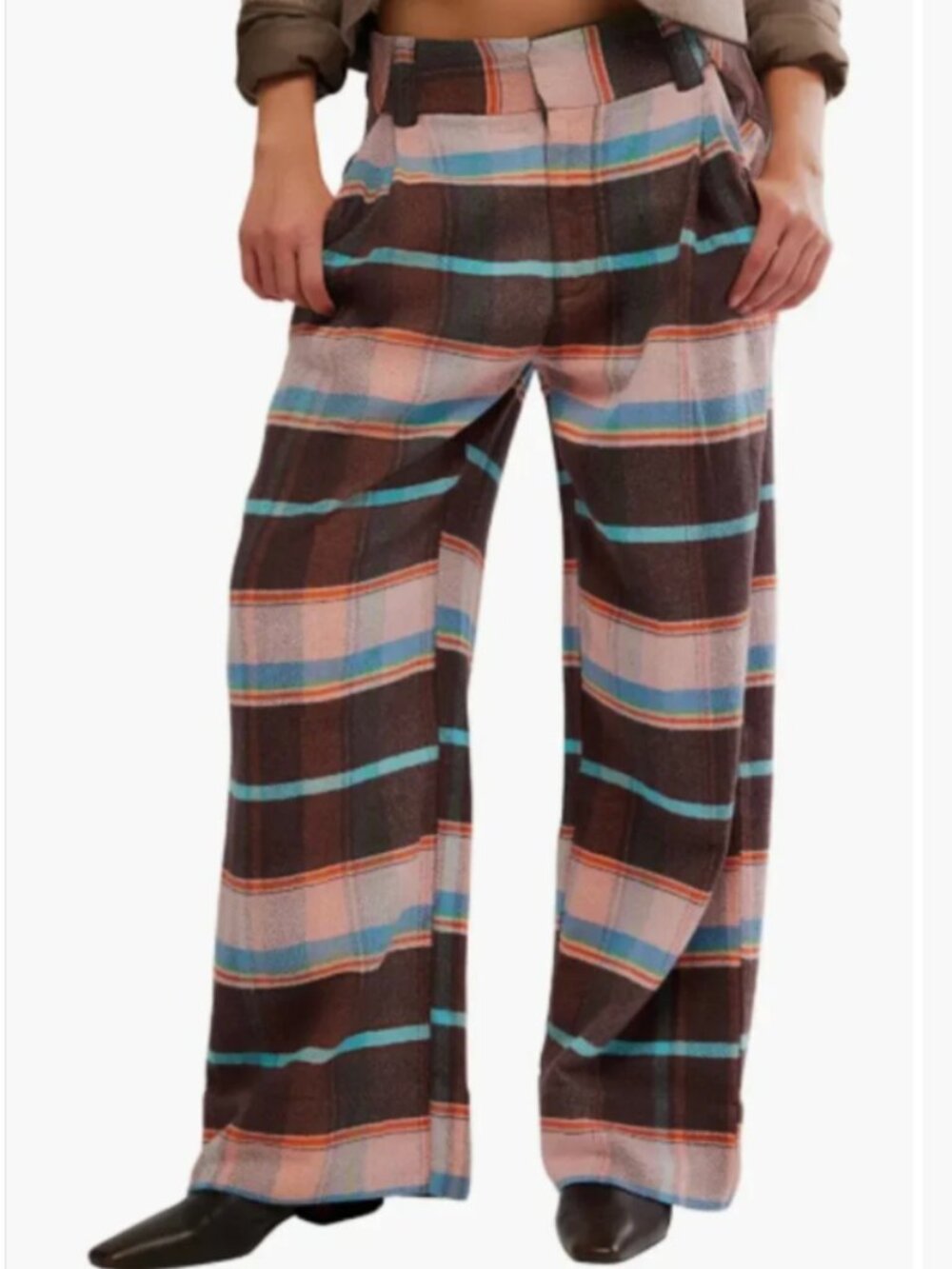 Free People Brown Blue Plaid Wide Leg Pants Pleated Straight Size 10 Women's NWT